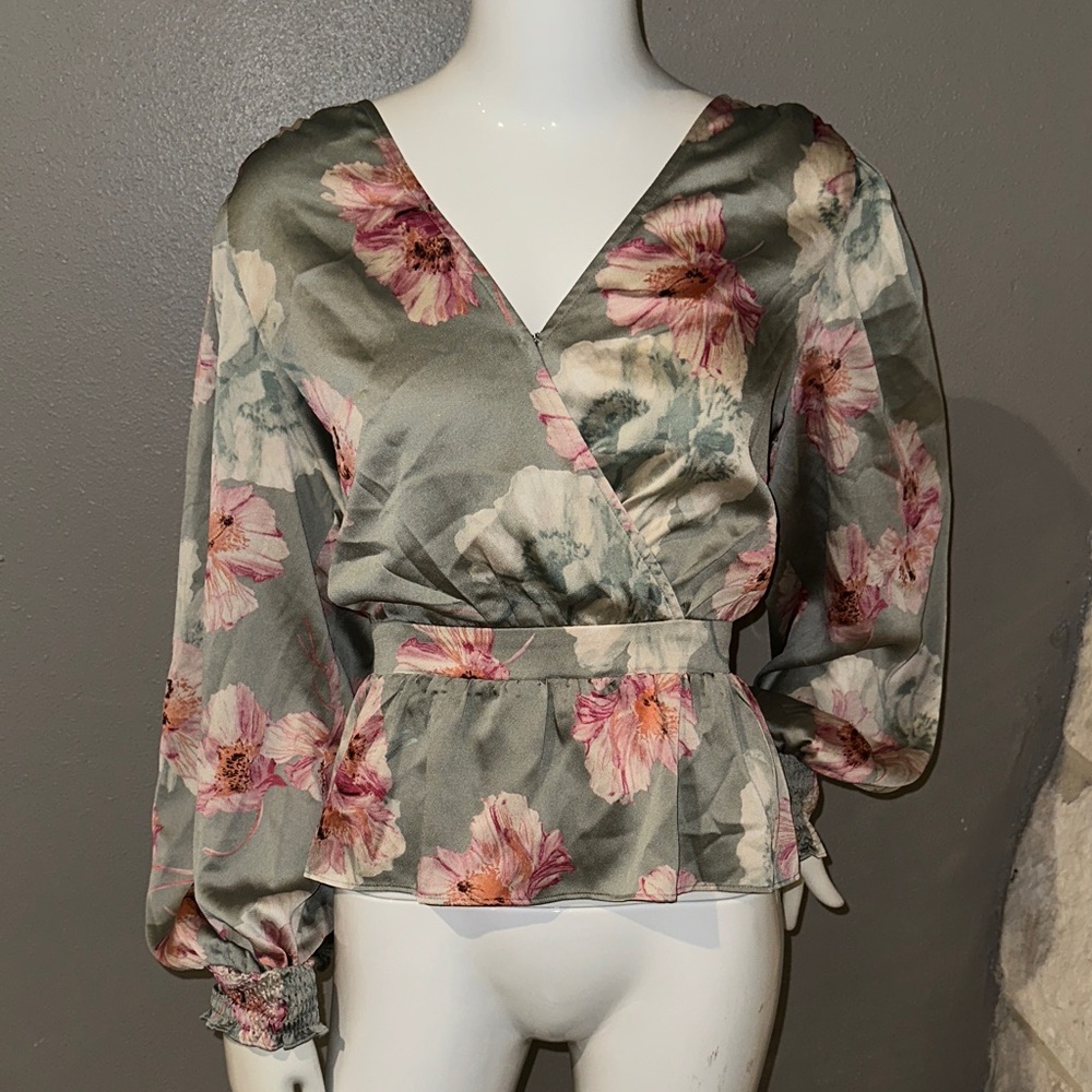 Express Floral Wrap Blouse - Pink and Green